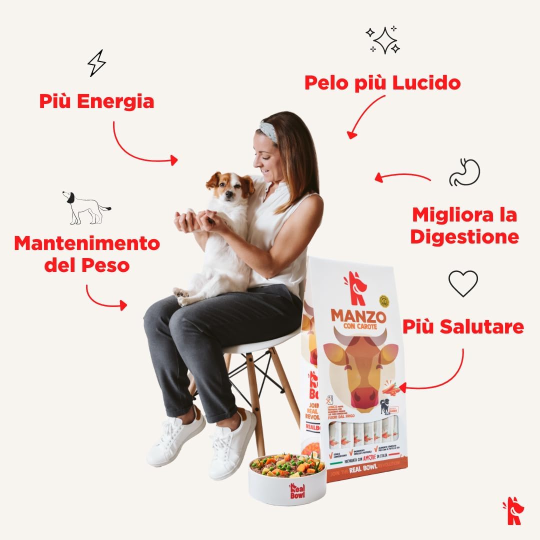 Cibo per cani al manzo naturale, 14 buste x 700g, monoproteico e senza cereali e conservanti, pappa fresca casalinga, Made in Italy, adatto a tutte le razze e taglie