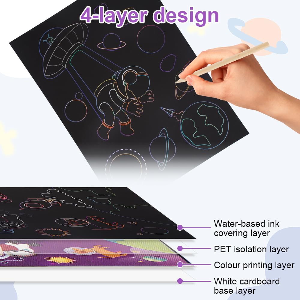 Scratch Art Kit Lot de 3 Carte a Gratter avec Stylets en Bois pour Enfants Adulte 18.5x13.5cm