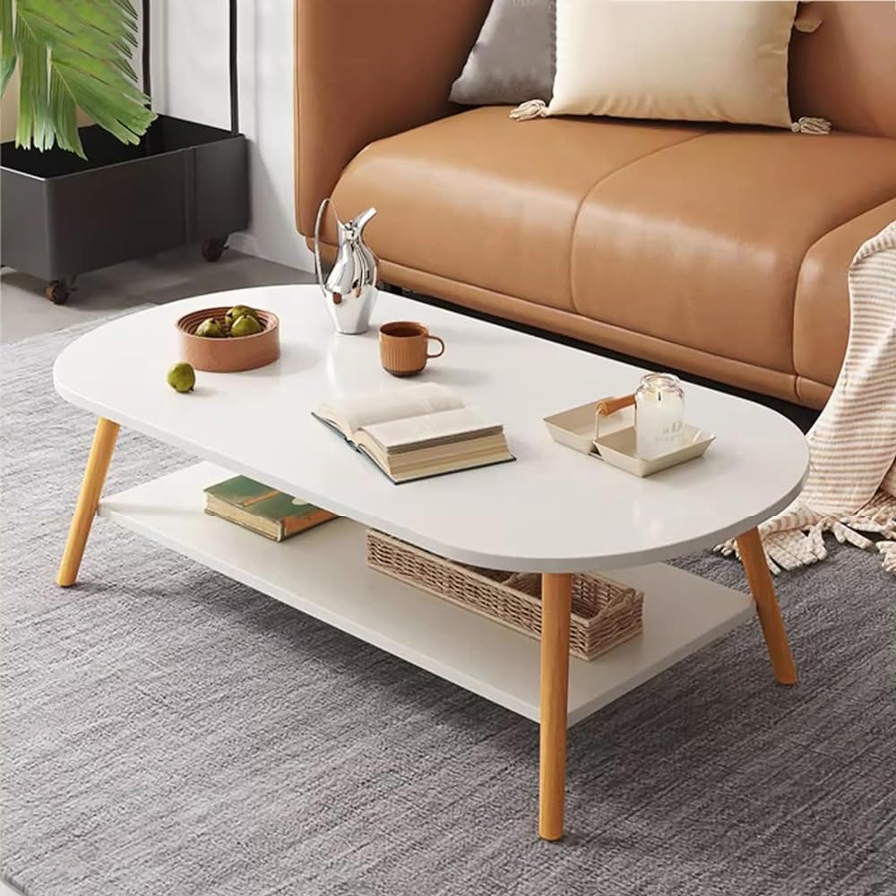 PJGFBYT Modern Coffee Table For Living Room,Solid Wood Coffee Table With Storage Shelf,Oval Center Table Wooden Accent Cocktail End Table For Home Office Small Apartment(Size:31.5in,Color:warm white)