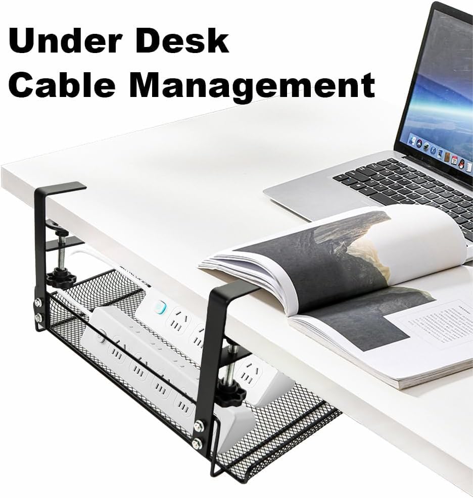 Image of Bayleef No Drilling Under Desk Cable Management Metal Cable Management Tray Under Desk with Clamp