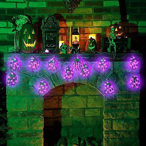 Halloween Skeleton Skull Hand Lights, 15 Ft 60 Leds 6 Pieces Life-Size Skeleton Led Hands Purple String Lights, Plastic Scary Halloween Party Props Decoration Indoor With Remote Timer Usb Powered #TOP2