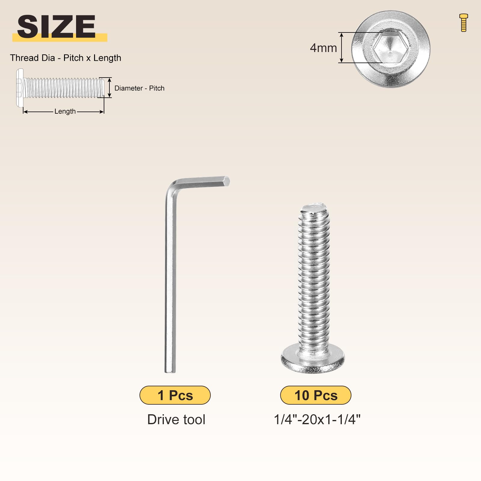 METALLIXITY Flat Head Hex Socket Cap Screws Bolts(1/4"-20x1-1/4") 10Pcs, with Wrench Steel Hex Socket Furniture Bolts Screws - Image 2