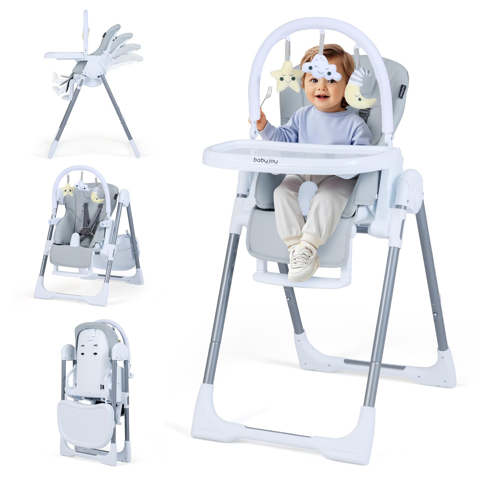 COSTWAY Trona Evolutiva Bebe, Trona Plegable para Bebés, Silla Alta Evolutiva con Altura Ajustable, Respaldo Reclinable, Reposapiés, Arnés de Seguridad, Doble Bandeja, Ruedas (Gris Claro)