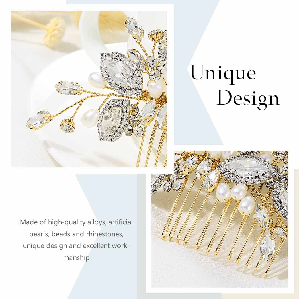 Casdre Crystal Bride Wedding Hair Comb Pearl Bridal Hair Piece Hair Accessories for Women and Girls (B Gold) - Image 3