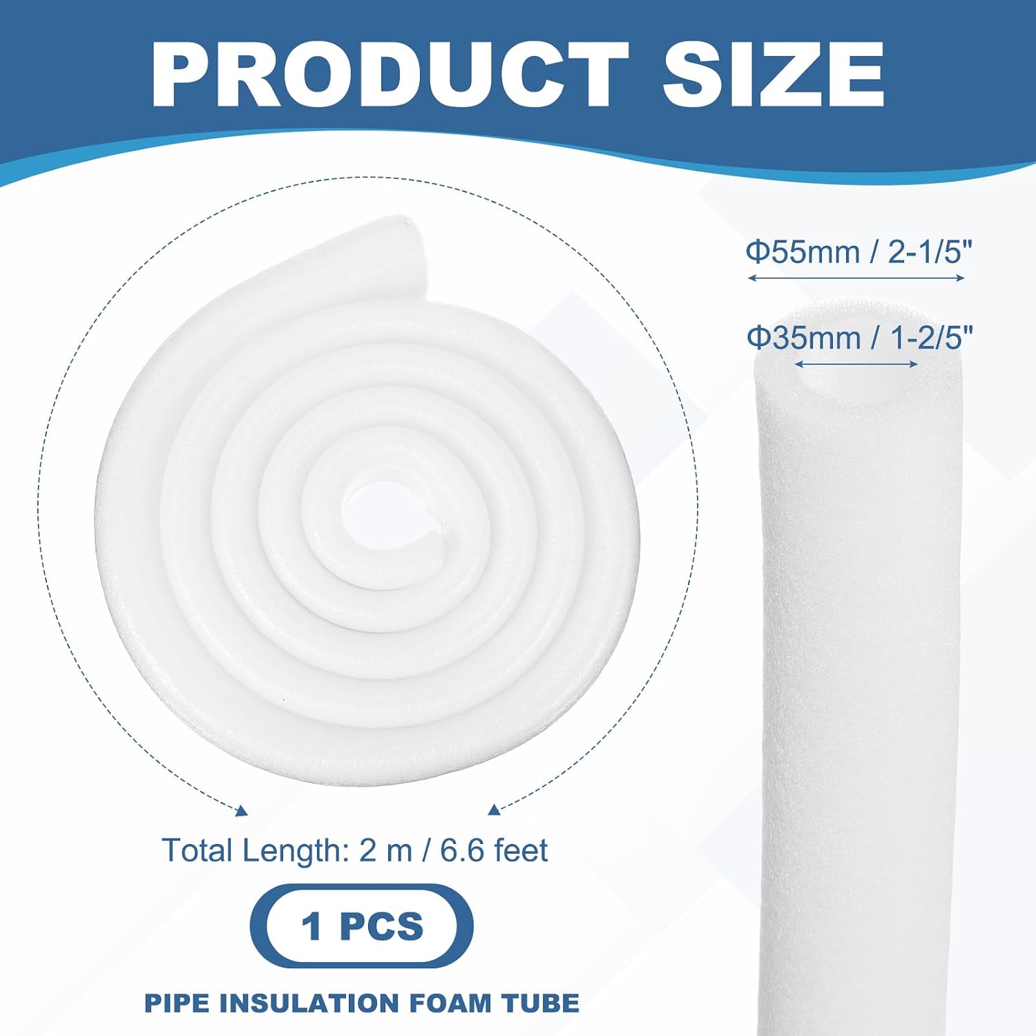 PATIKIL Pipe Insulation Foam Tube, Heat Preservation Foam Pipe Outdoor Wrap Pipe Covers 1-2/5" (35mm) ID x 2-1/5" (55mm) OD x 6.6 ft for Handle Grip HVAC Units, White