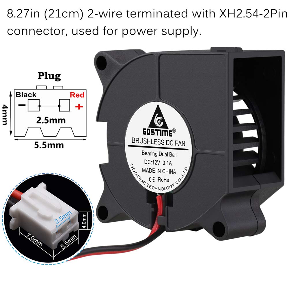 Image detailing the XH2.54-2Pin connector with dimensions and wire polarity (red for positive, black for negative).