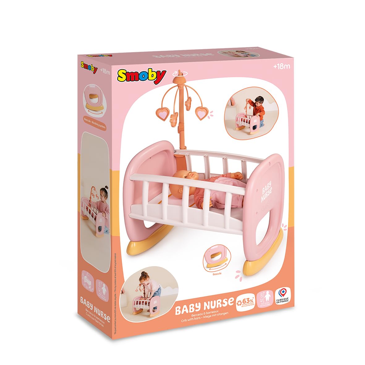 Smoby - Baby Nurse - Cuna con Barras - para Muñecas de hasta 42 Cms - Cama Mecedora - Material Reciclado - A Partir de 18 Meses