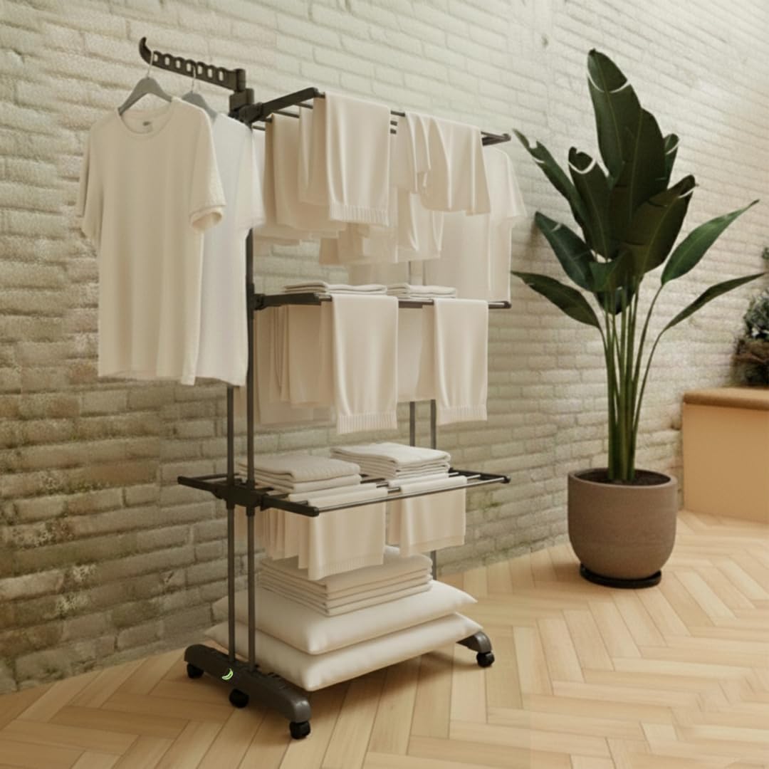 CAMBURVERDON® Tendedero Vertical Tipo Torre - Base Plegable | BASE PLEGABLE: guardado ultra compacto. Incluye 10 perchas exclusivas. Acero inox (50kg), 4 niveles y movilidad 360º.