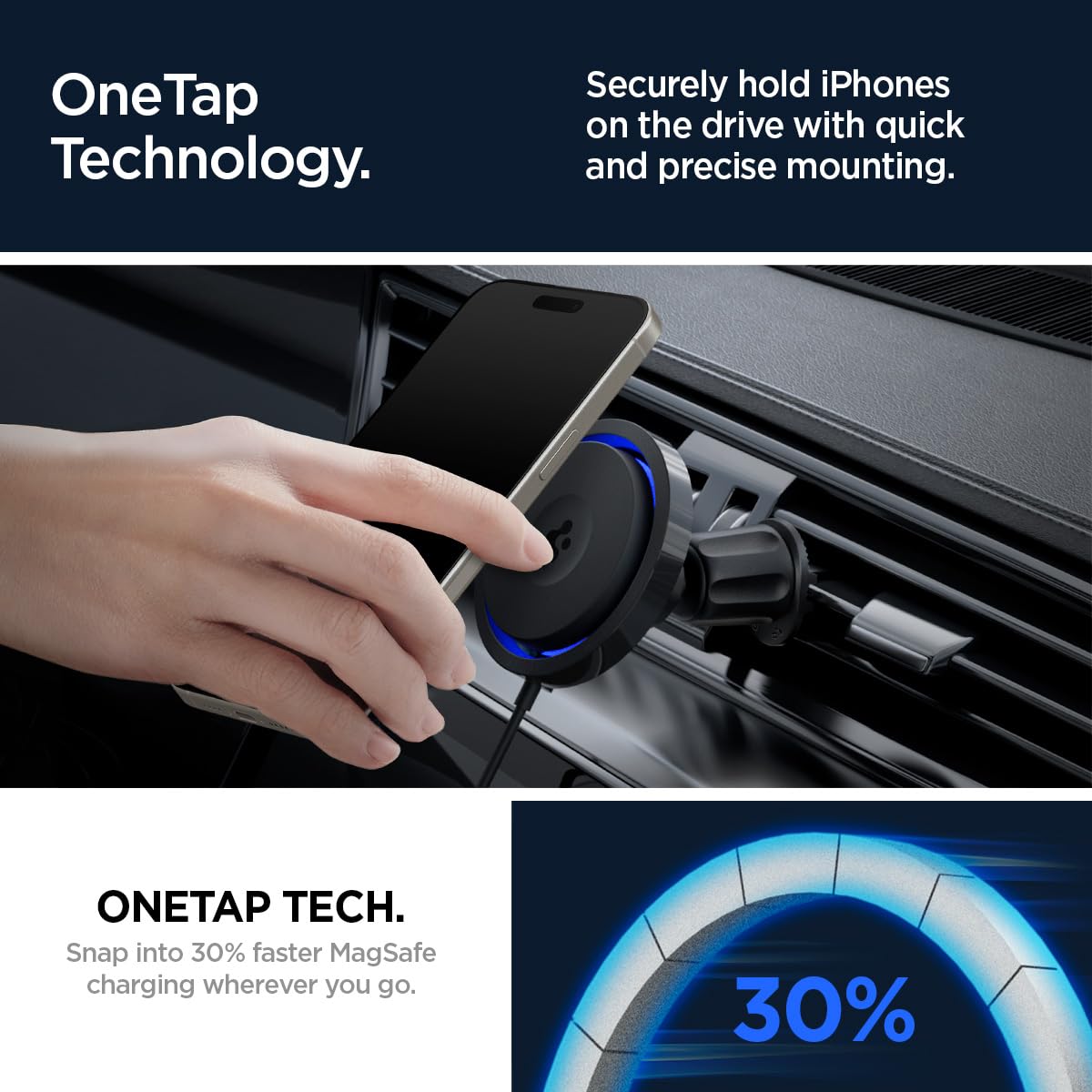 Graphic illustrating 30% faster MagSafe charging with OneTap Technology
