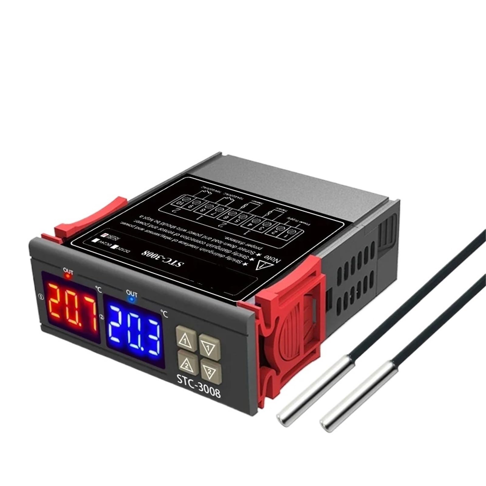 Podwójny termostat cyfrowy, regulator temperatury, przekaźnik inkubatora, 12/24 V, 220 V LED, ogrzewanie, chłodnica, podwójna sonda STC-3008 (DC12V)