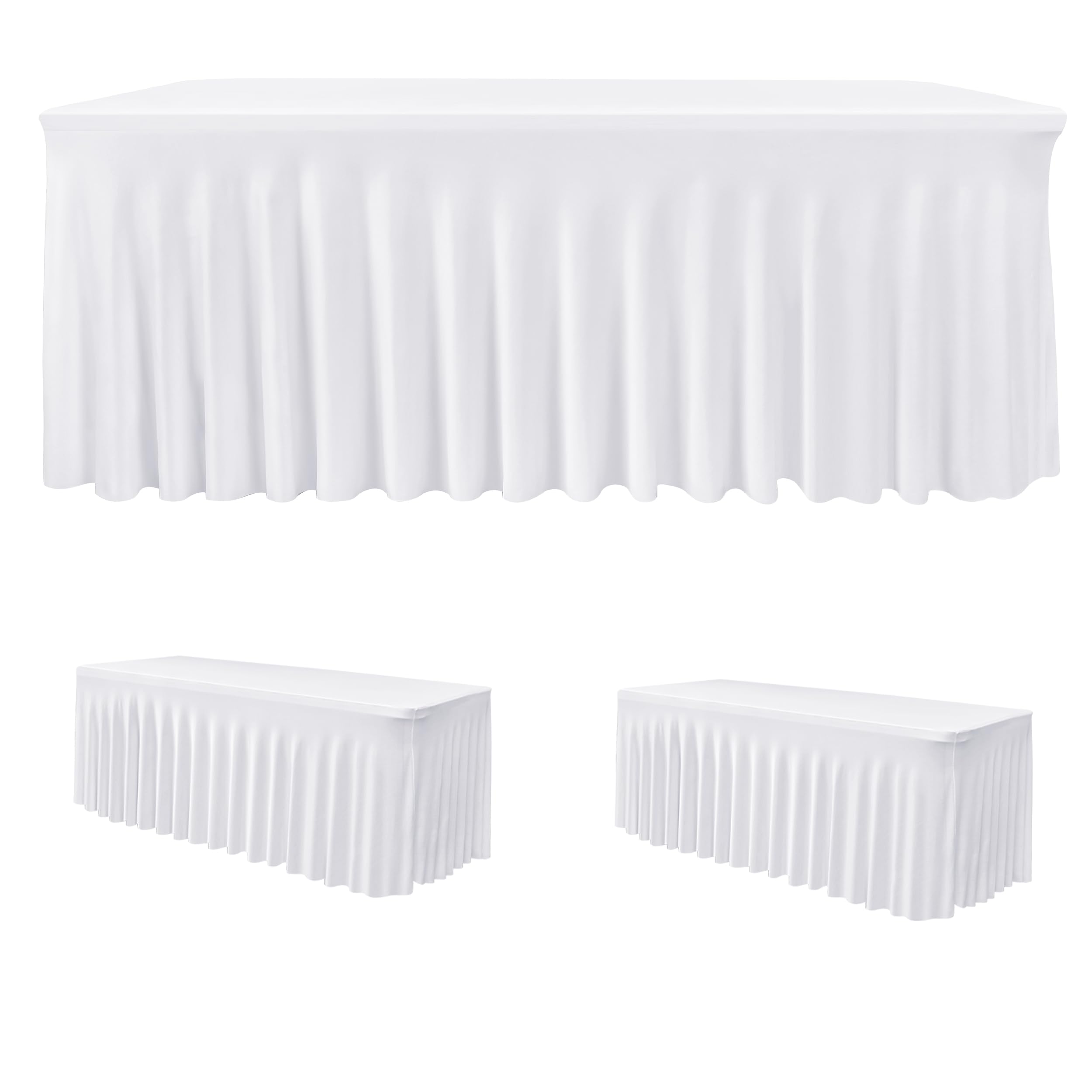 Photo 1 of HolidayIdeas White 8ft Spandex Tablecloth 2 Pack Fitted Stretch Table Skirts 30x96 Inch, Wrinkle-Free Floor Length Polyester Table Cover for Weddings Parties Banquets Events