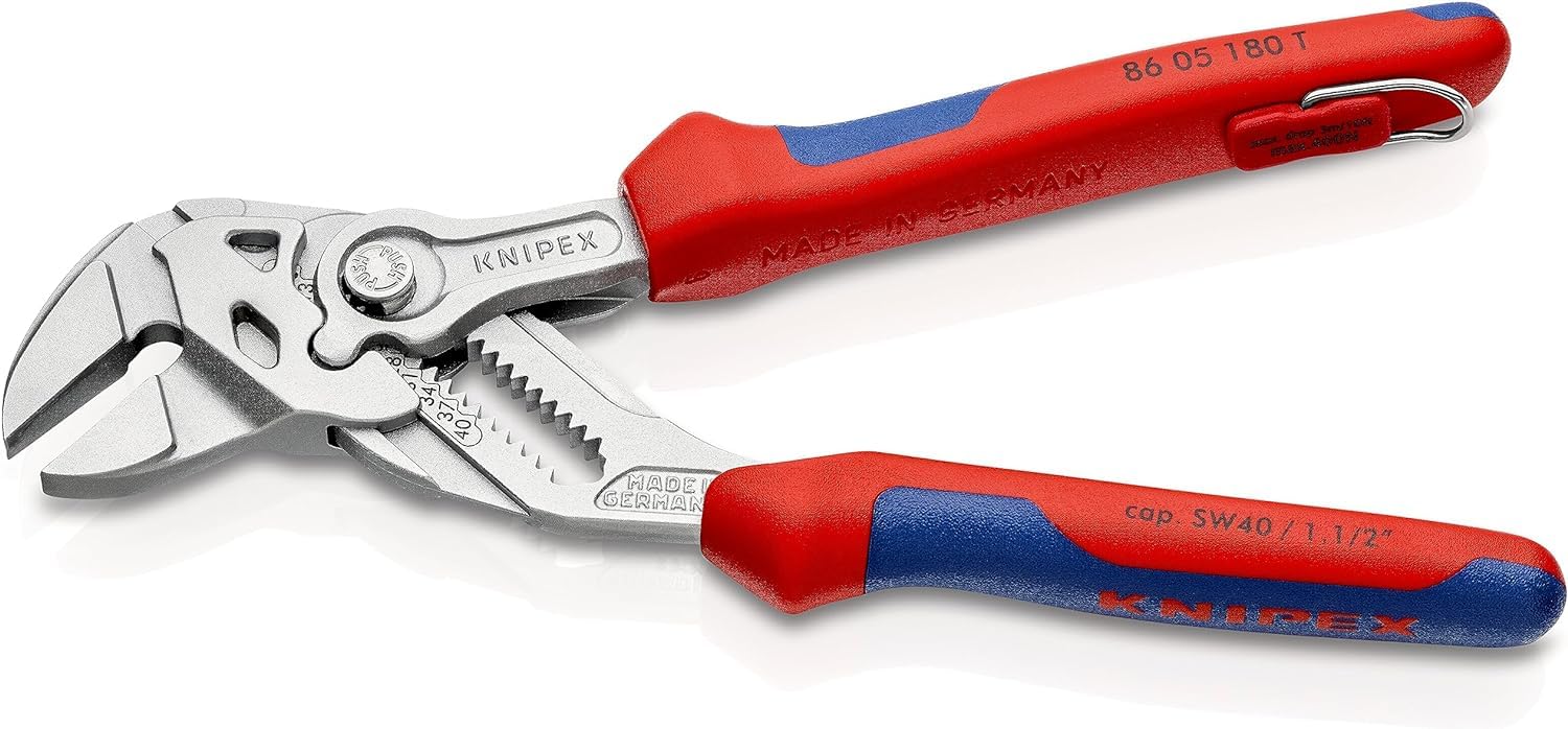 Knipex Pince-clé pince et clé à la fois chromée avec gaines bi-matière, avec œillet intégré pour fixation d’un dispositif antichute 180, 86 05 180 T