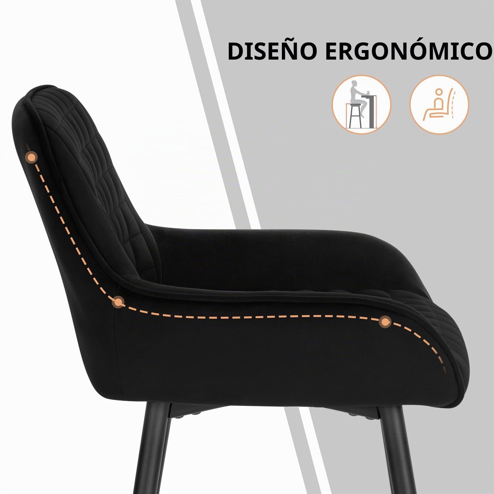 WOLTU Juego de 2 Taburetes de Bar con Respaldo Terciopelo, Negro | para Comedor, Salón y Cafetería