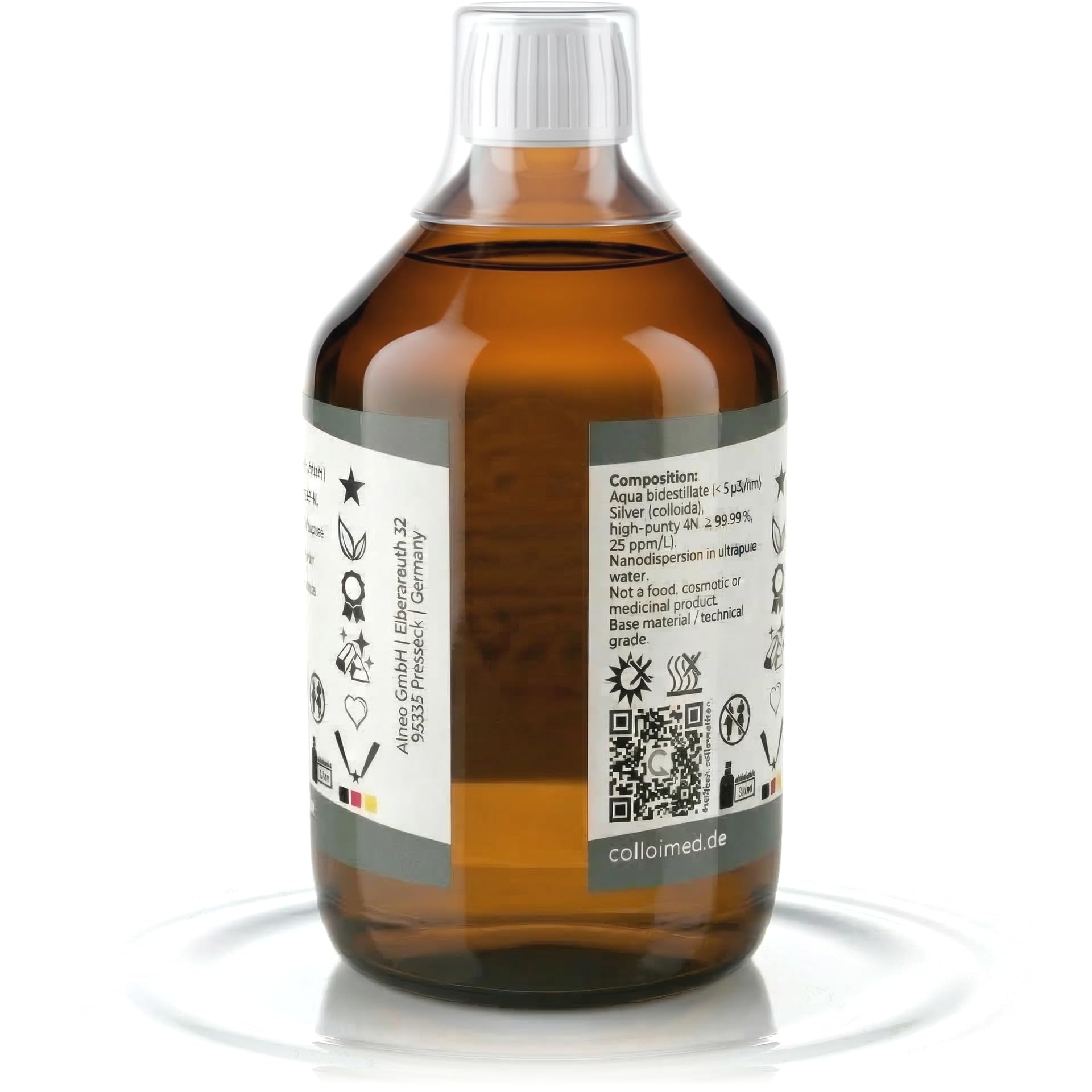 Kolloidales Silber 25ppm hoch konzentriert Reinheitsstufe 99,99% in brauner Apotheker-Glasflasche 500ml (Silber-25ppm, 500ml)