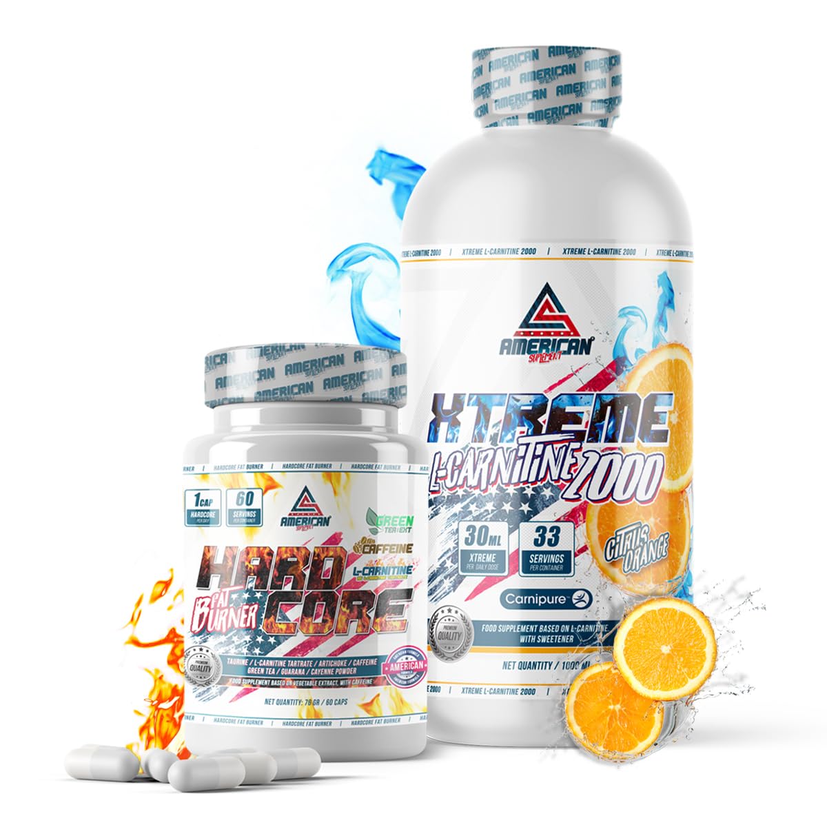 Pack L Carnitine + HardCore Fat Burner | 90 Capsules + 1 litre goût Jus d'Orange | Combinaison qui Aide à Définir les muscles, Brûler les graisses et Coupe Faim