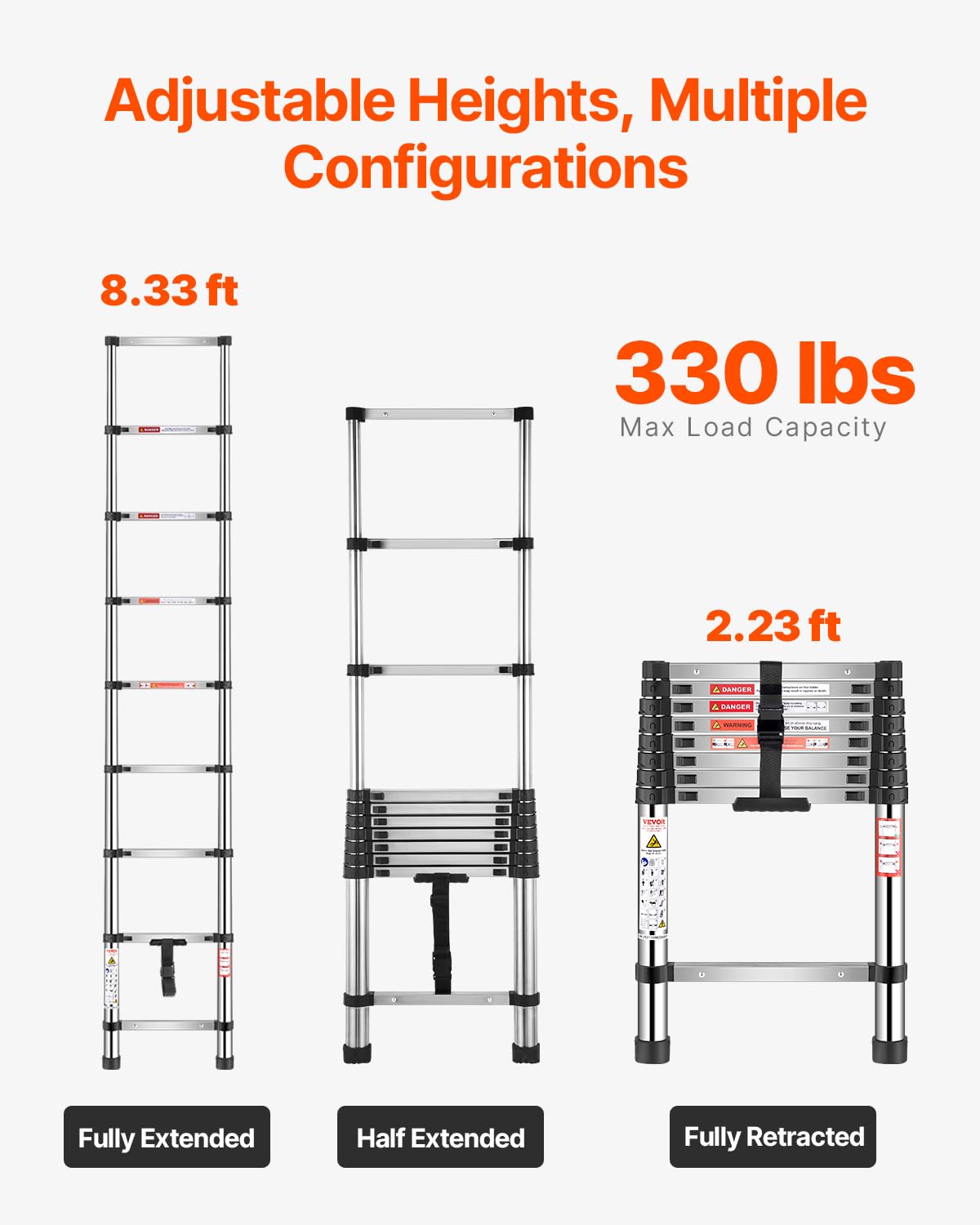 Herrselsam Telescopische ladder, aluminium, uittrekbare ladder met 2 afneembare haken, multifunctioneel, antislip, maximale belasting 150 kg, zilverkleurig