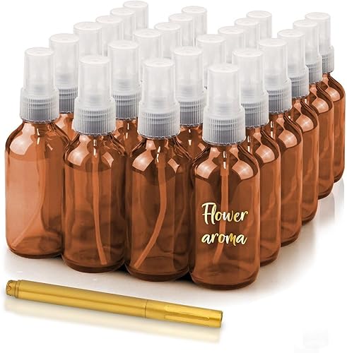 CULINAIRE Botellas de vidrio de 2 onzas con marcador de bolígrafo dorado, botella pequeña de spray de niebla fina, recargable, vacías, para spray