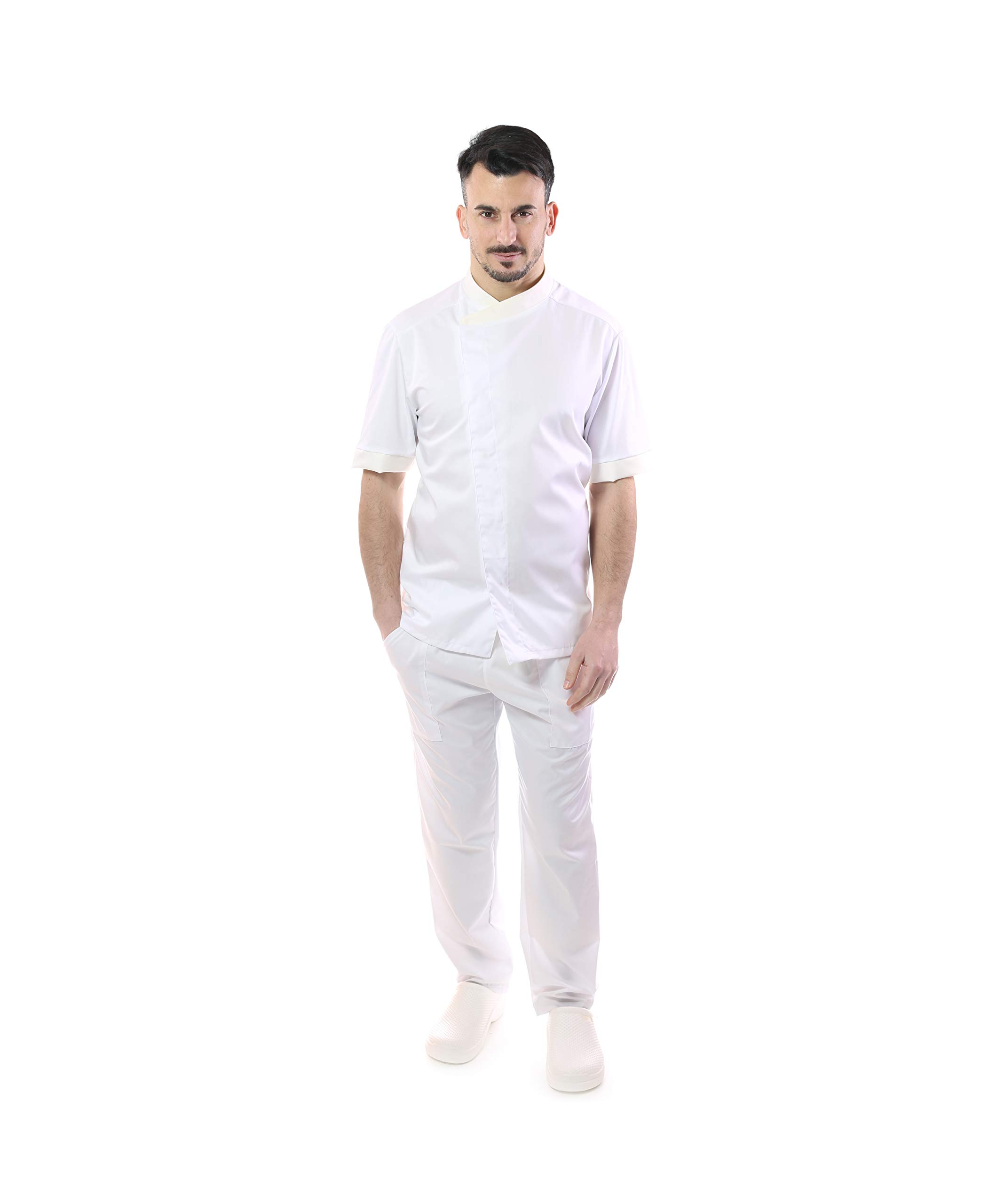 RICAMO GRATUITO - Completo Cuoco e Chef Bianco - Profili Panna - Uomo - Doppio Collo - 4 PZ - Giacca Manica Corta, Pantalone, Davantino, e Bandana - Divisa per Cucina e Ristorante - Made in Italy