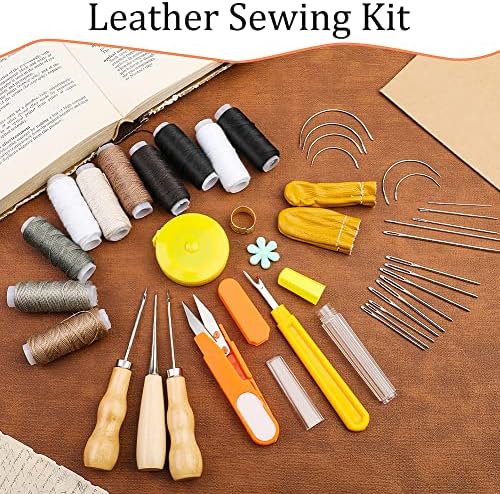 Leather Sewing Repair Kit , 42 Pcs Upholstery Thread and Needle, Leather Working Kit with Sewing Awl and Instruction, Sewing Thread for Leather Working and Leather Craft DIY