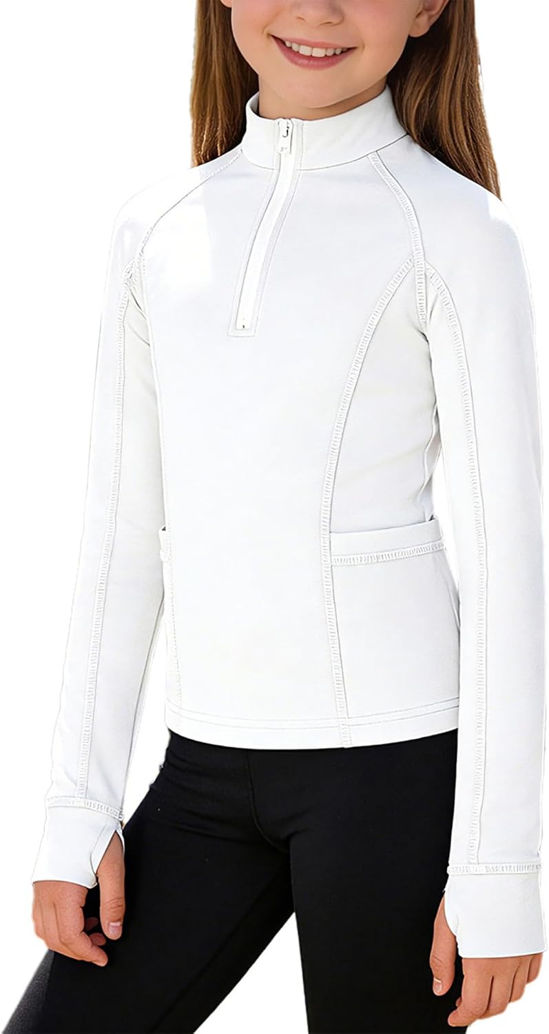 Hansber Kids Girls Long Sleeve Equestrian Zip Tops Stand Collar Thumb Holes Horse Riding Workout Top