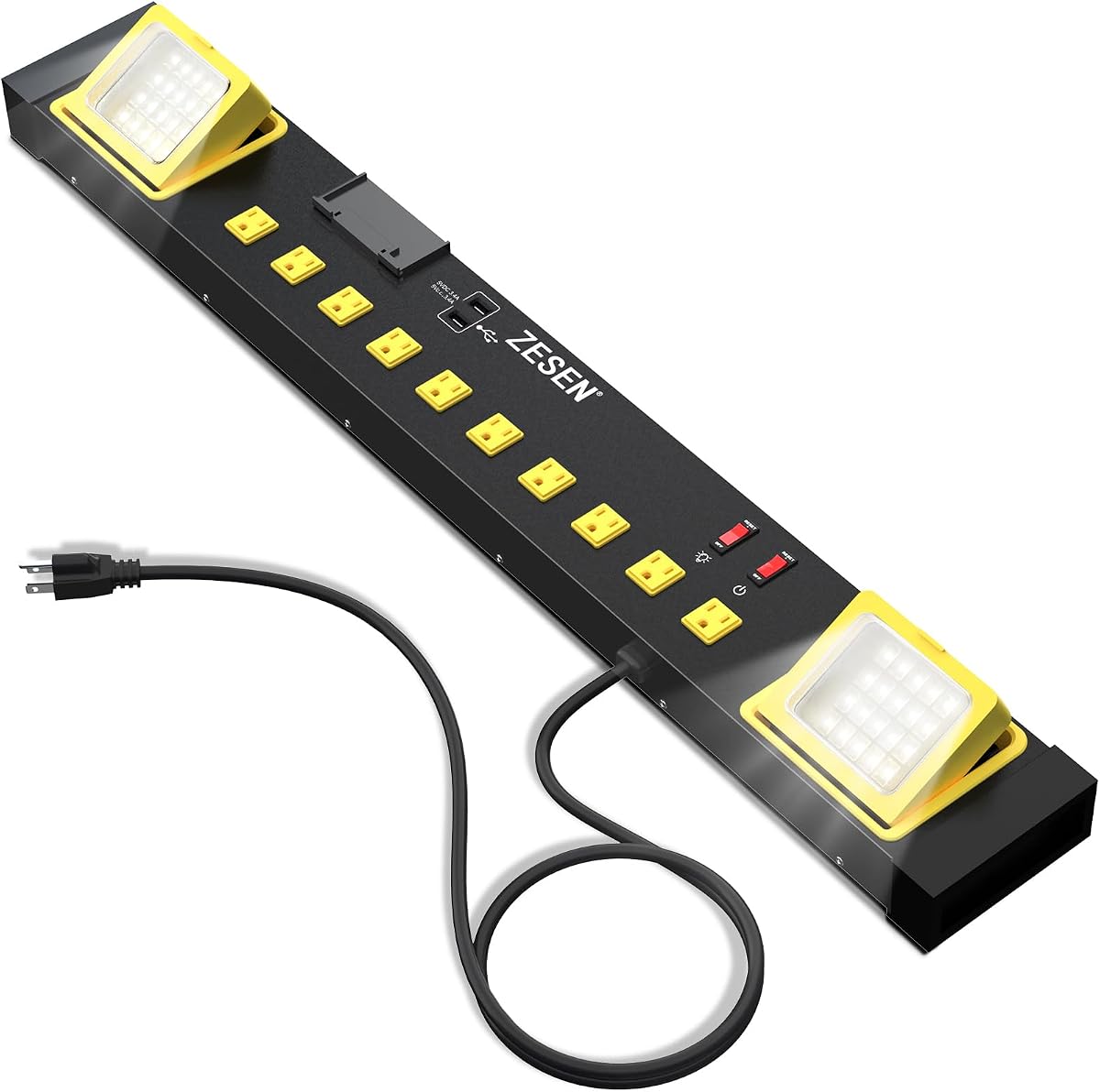 Heavy Duty Metal 10 Outlets Long Power Strip with LED Worklight, Black | Wall Mount Workbench Multi-Outlets Power Strip with 4ft 14/3 AWG Cord, 2 USB Ports ETL Listed for Home Office Garage Workshop