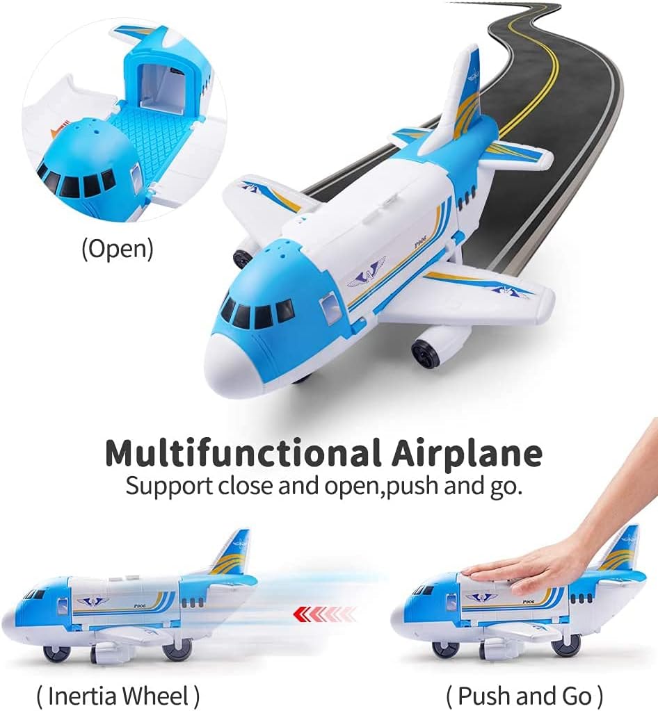 Geyiie Airplane Toys, Aircraft Car Set Toys with 5pcs Vehicle Car and 1pcs Helicopter, Transport Cargo Airplane with Parking Scene, Toys Gift for Boys Car Set for 3+ Toddlers