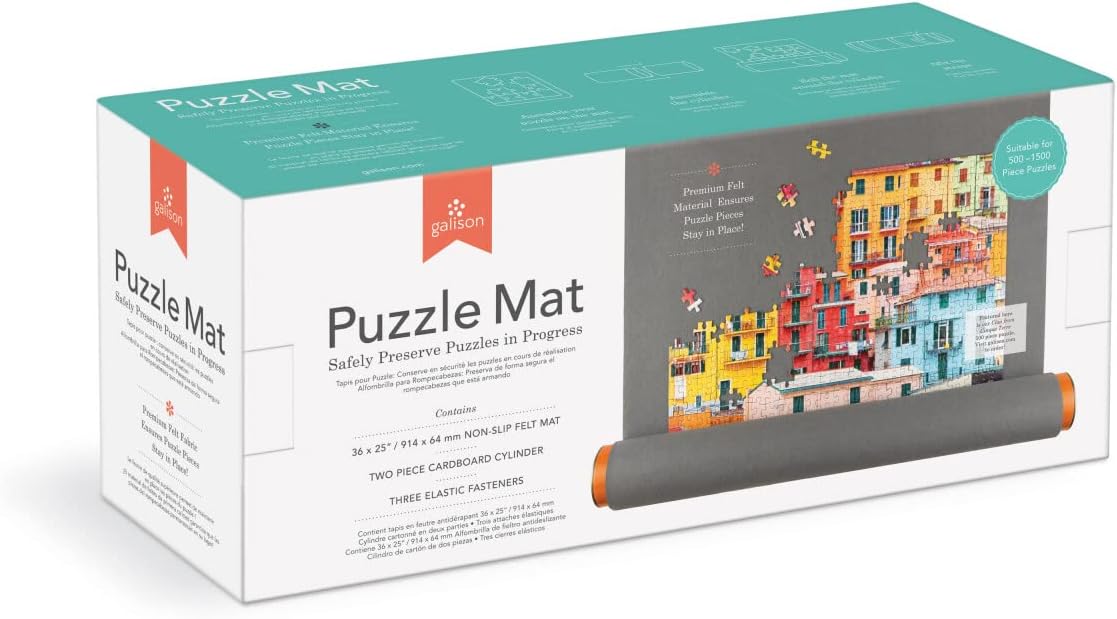 Puzzle Mat from Galison - Non-Slip Felt Mat (36" x 25"), 3 Elastic Straps and Two Piece Cardboard Cylinder for Storing Puzzle Pieces on The Go. Made by Us, with Our Puzzle Fan!