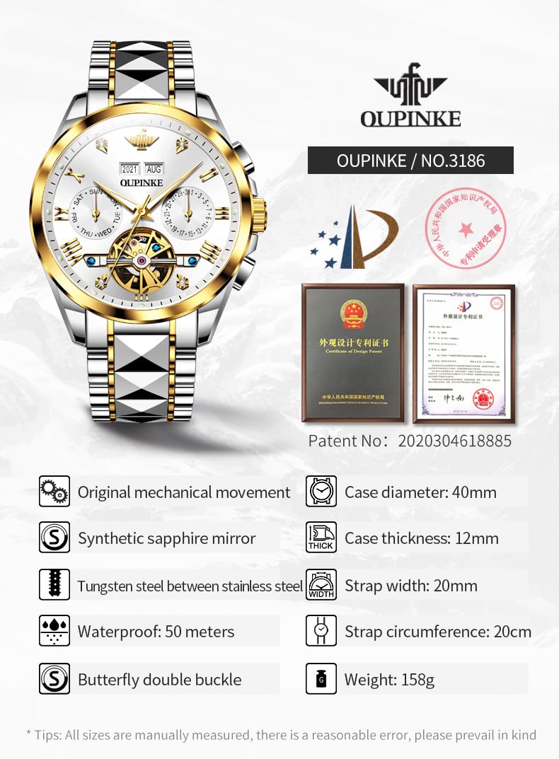 OUPINKE Reloj automático para Hombre con Esfera Plateada Esqueleto Tourbillon, Movimiento automático, Cristal de Zafiro, Impermeable, Luminoso, Ventana de Mes y año, Color Blanco