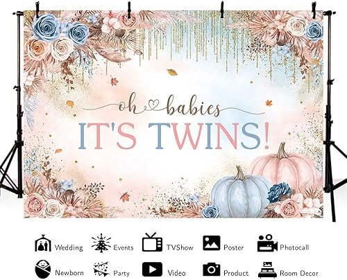 Miniatura 2 de MEHOFOND Fondo de fotografía de otoño de 7 x 5 pies, estilo bohemio, gemelos, baby shower, calabaza, acuarela, Oh Bebés, fondo de fotografía, dos no