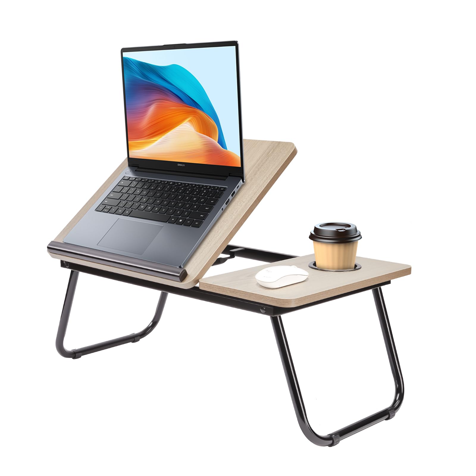 Holdfiturn Foldable Laptop Desk, Laptop Table with Cup Holder, Height Adjustable Computer Bed Tray Table, Reading Holder Notebook Stand for Eating Reading Working (Gray Wood Grain)