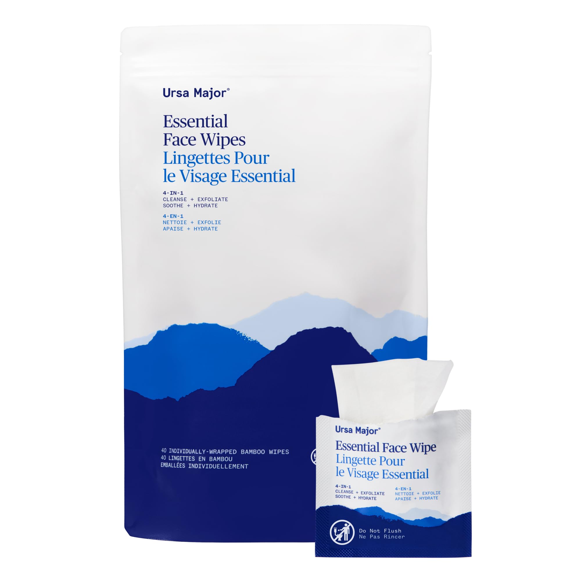 Ursa Major Essential Face Wipes | Natural, Biodegradable, Cruelty-Free | Cleanse, Exfoliate, Soothe and Hydrate | Individually Wrapped | 40 count
