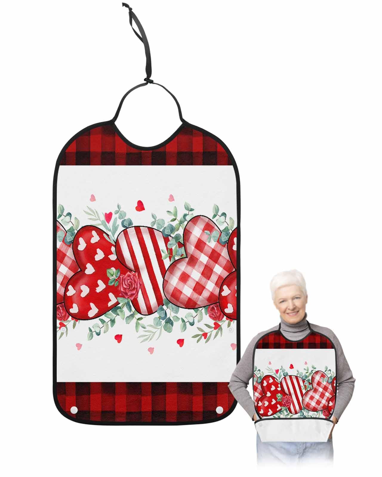 LEOKOTI Valentines Adult Bibs for Eating, Waterproof Bibs with Food Catcher & Snap Closure, Watercolor Eucalyptus Leaves Red Love Heart Plaid Washable Clothing Protectors Adult Bibs for Elderly