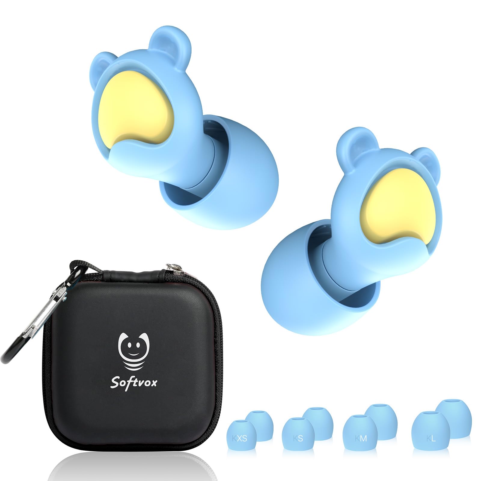 softvox Kids Earplugs (5-12 yrs) – Reusable Noise Sensitivity Ear Plugs for Airplane, Focus, Concerts, Socializing, Sports, Travel, Monster Truck, Fireworks - 8 Ear Tips in XS/S/M/L