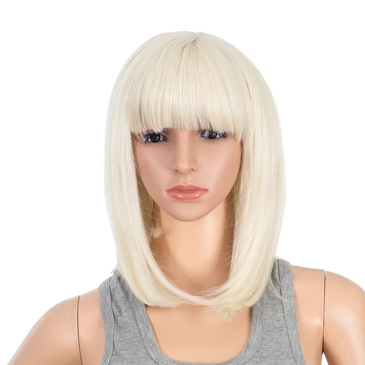 SWACC Short Straight Bob Wig with Bangs Synthetic Colorful Cosplay Daily Party Flapper Wig for Women with Wig Cap (Platinum Blonde)