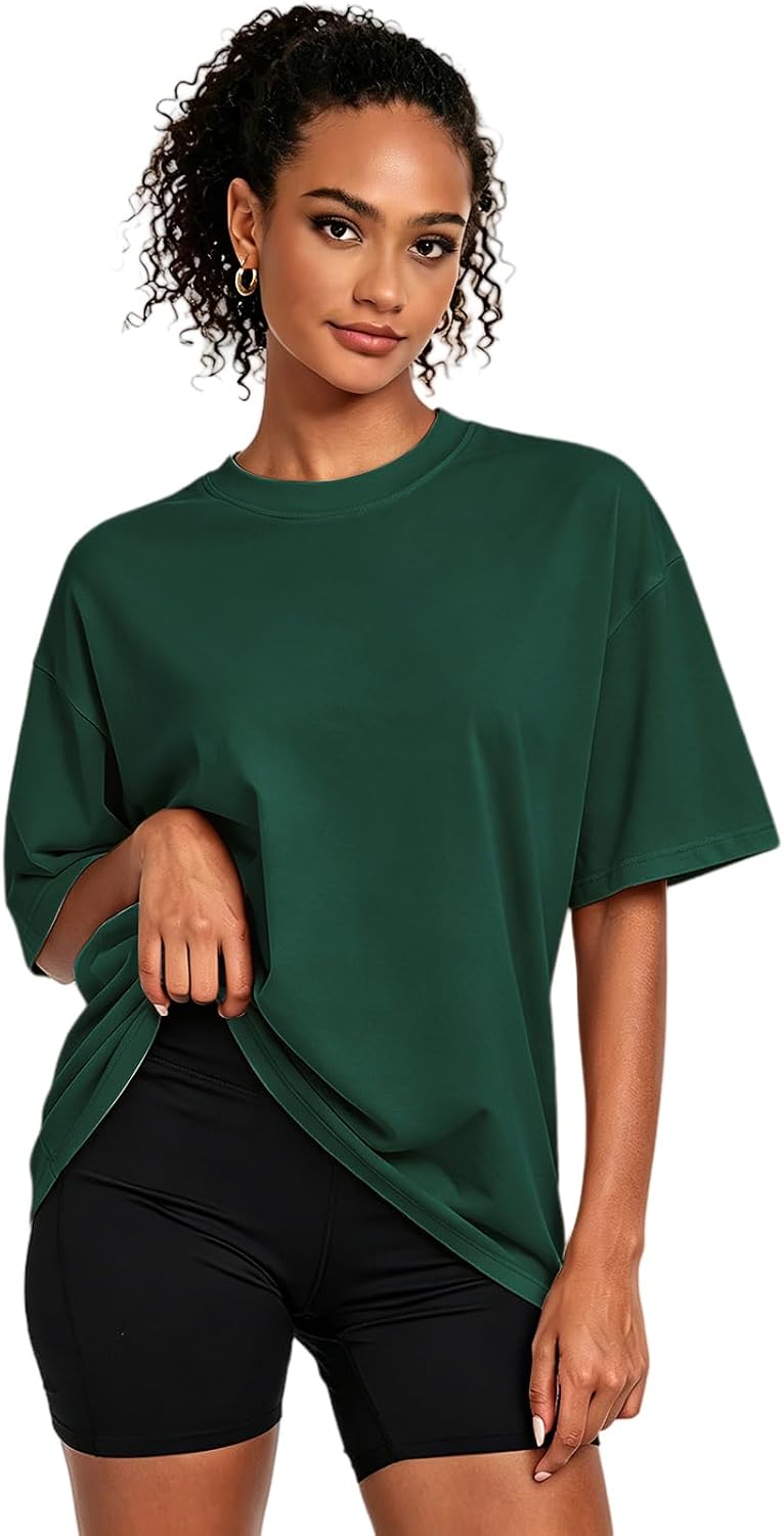 Womens Oversized T-Shirts, Cotton Short Sleeve Workout Tops Crewneck Loose Fit Casual Drop Shoulder Gym Tees