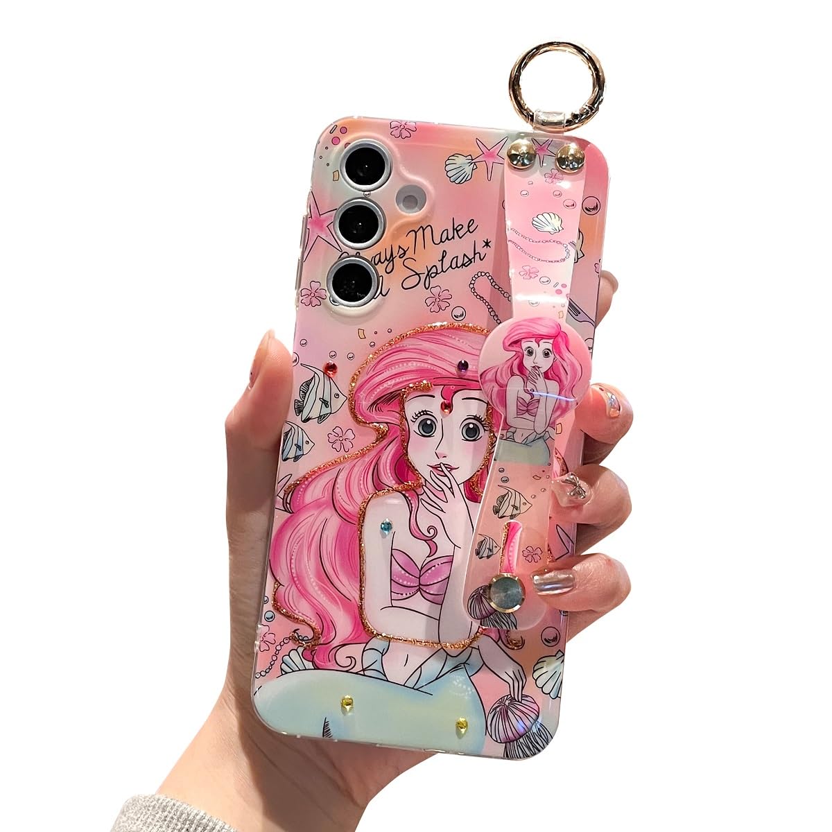 Meishangmei for Samsung Galaxy S25 Case 6.2" Sparkle Bling with Strap Stand Cute Pattern IMD Plating Design Silicone Shockproof Protective Glitter Cases Cover for Girls and Women - Mermaid
