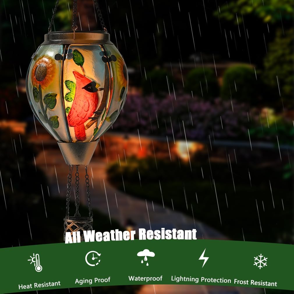 Hot Air Balloon Solar Lantern - Cardinal Bird Glass Lantern, Simulated Flickering & Dancing Flame, Outdoor Hanging Yard Light Waterproof IP65 for Patio Lawn Porch Decor Gift