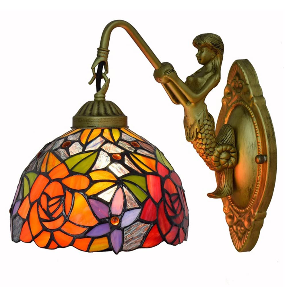 FYZDLAOR Retro Mermaid Wall Light,Tiffanystyle Wall Sconces with Stained Glass Shade,Wall Mounted Lighting Fixtures for Living Room Staircase Bedroom（E27）