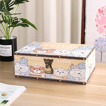 Wood and Leather Treasure Chest with Lid and Lock-Decorative Jewelry Keepsake Storage Box for Girls Women ,for Birthday Wedding Nursery Office Home Decoration, Lovely Bear Pattern (10.6*8.5*3.7)