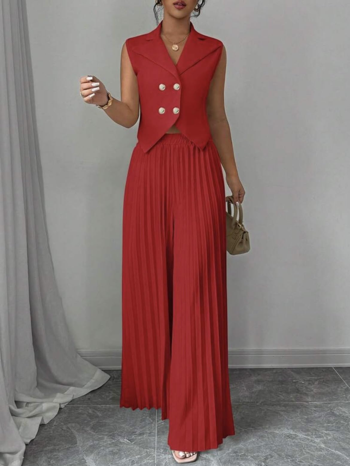 Ensemble Femme Ensemble Deux Pièces Pour Femme Blazer Court Sans Manches Et Jupe-Pantalon Plissée Élégant Tailleur Croisé Assorti Idéal Pour Le Bureau Un Mariage Ou Une Soirée