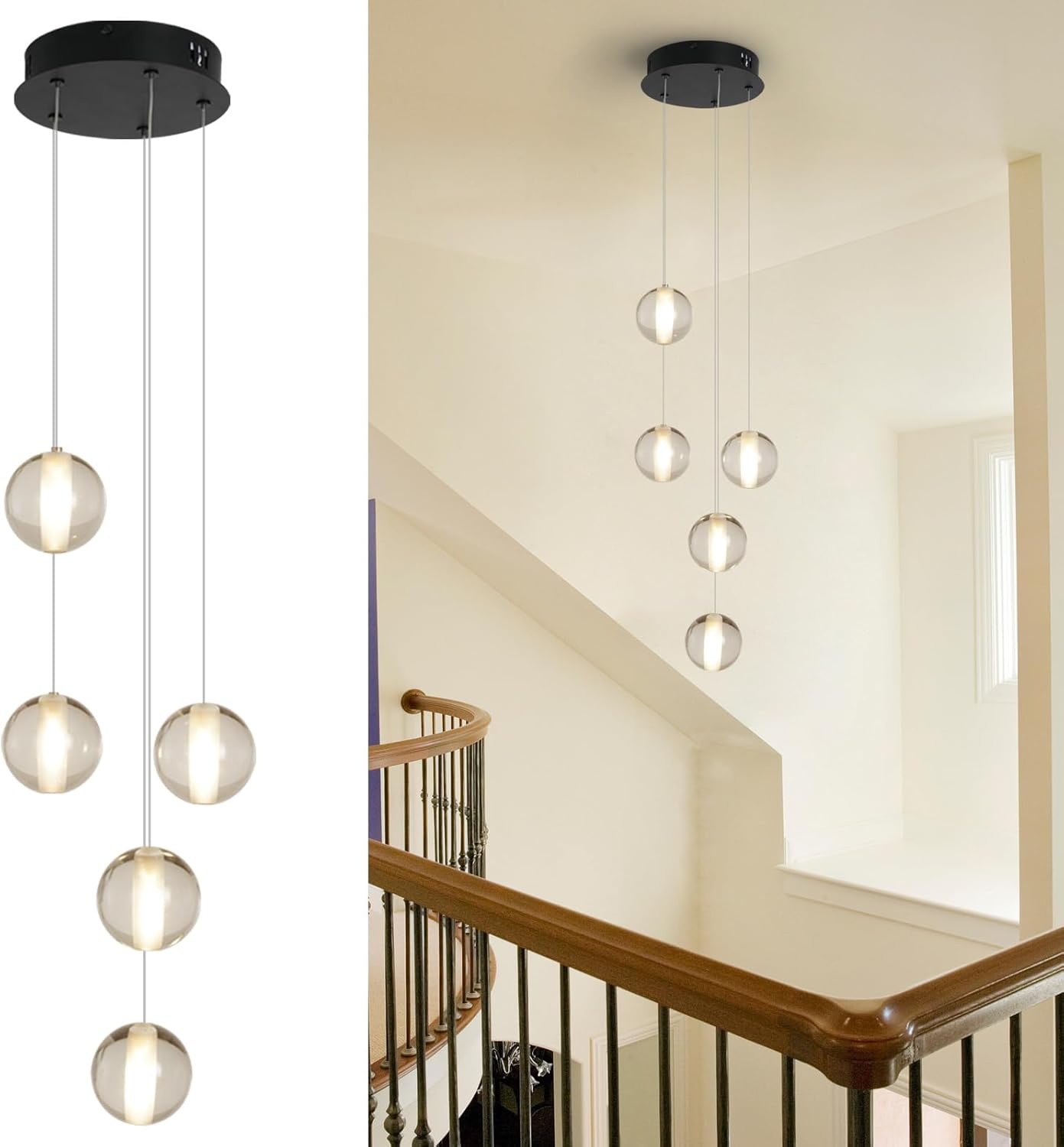 5 Lights Foyer Chandeliers for High Ceilings Raindrop Crystal Ball Chandelier Dimmable LED Entryway Pendant Light Hanging for Dining Room Kitchen Island Hallway, Include Bulbs (Black)