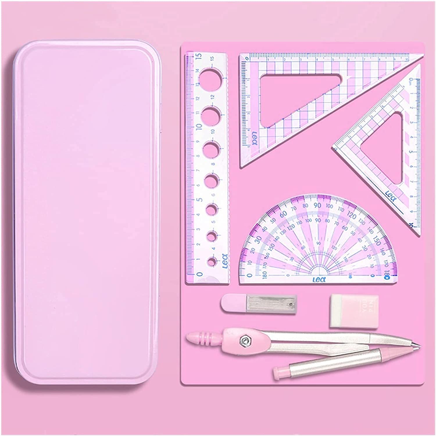 AKAZI Geometrie-Set Multifunktionale Kompasse – Zirkel Lineale Radiergummi Mathe-Set Schule Zeichenwerkzeug-Set for Studenten Büromaterial (7PCS) Kompass-Set (Color : Green) (Pink)
