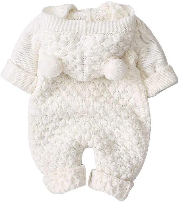 Baby Boy Ribbed Outfit with Hat Infant Baby Winter Girl Hooded Boy Knit Warm Jumpsuit Sweater (White, 6-12 Months)