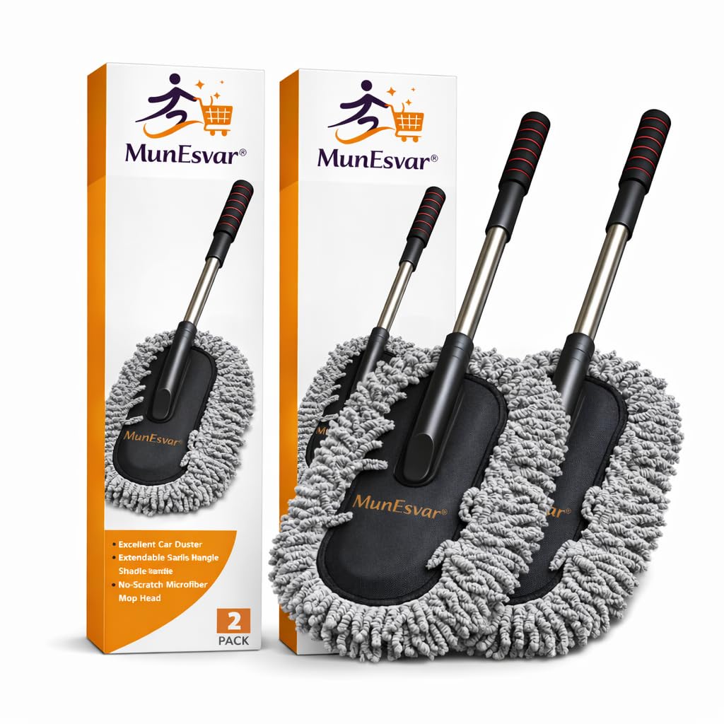 Car Duster Soft Microfiber Brush – Scratch-Free Interior & Exterior Multipurpose Lint-Free Cleaning Tool with Extendable Long Handle for Motorcycle, SUV, RV & Truck (2 Pc, Grey)