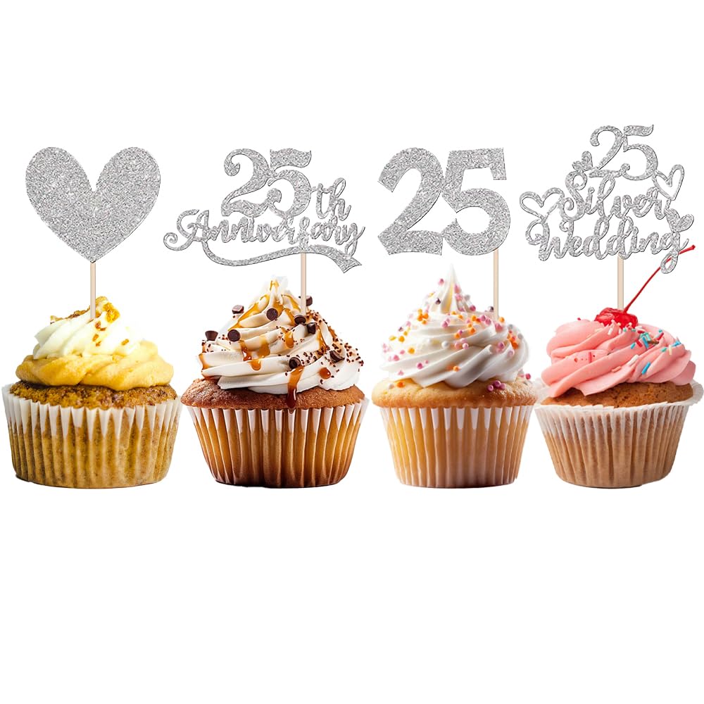 25th Anniversary Cupcake Toppers Silver, 25th Wedding Anniversary Heart Cake Decorations, Cheers to 25 Years, HSC Twenty Five Cupcake Picks for 25 Silver Wedding Celebration Party Supplies Decorations