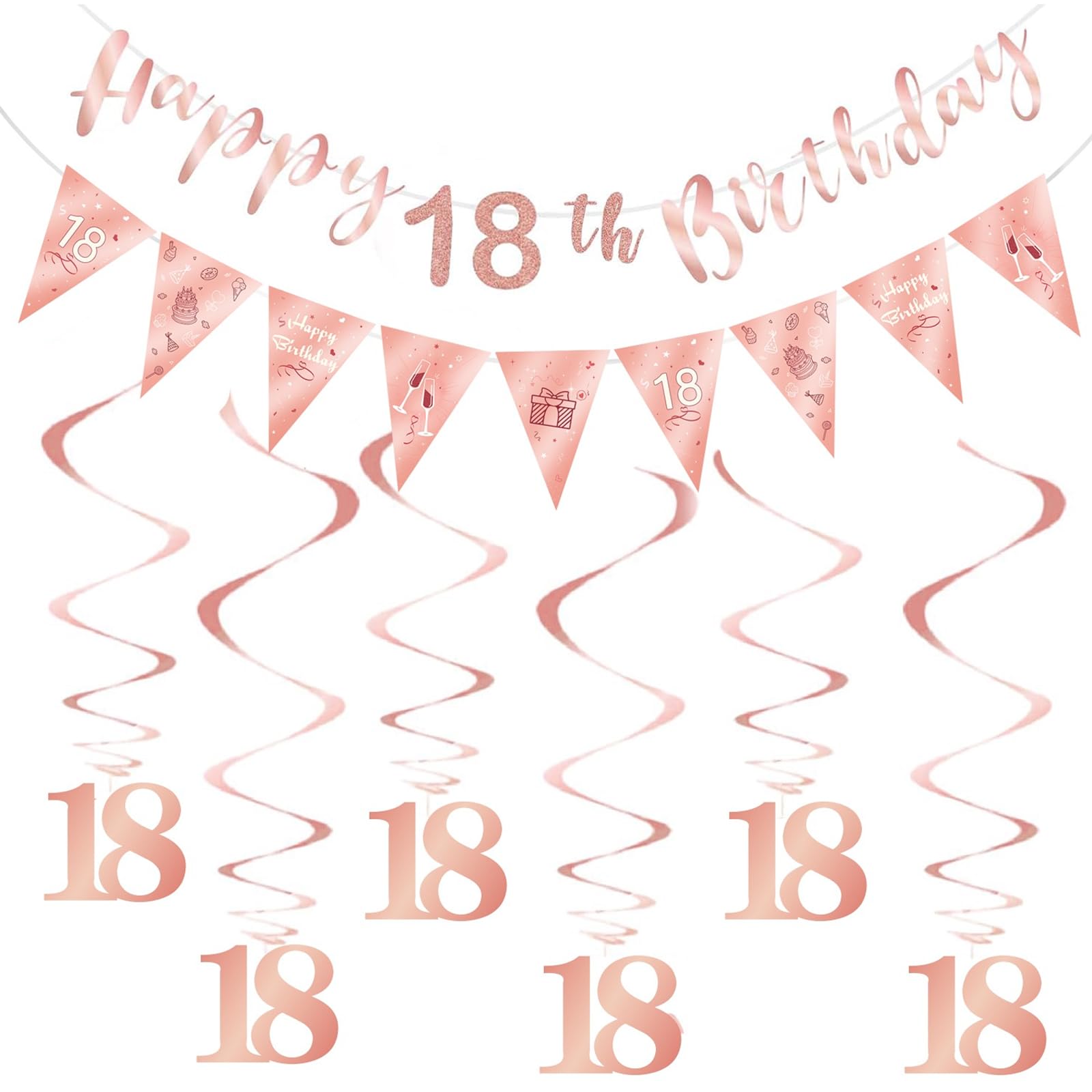18th Birthday Party Decorations for Girls - Rose Gold Happy Birthday Banner Decor Set, Number 18 Hanging Swirls Bunting for 18 Years Old Party Supplies