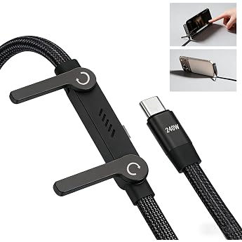 Dongcill Charging Cable with Stand 2-in-1 Charging Cable with Invisible Holder 240 Watt Stand Charging Cable 1.5 m Side Charging Cable with Stand for Smartphones/Tablets
