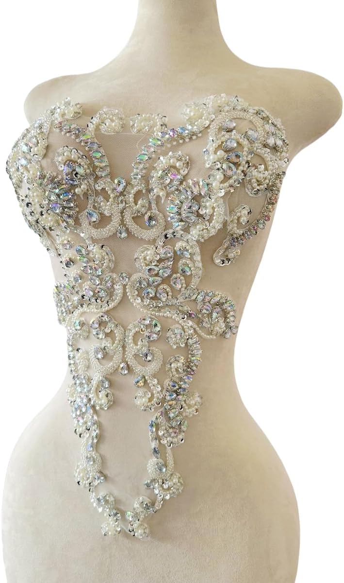 Handmade Rhinestones lace Trim Patches handsewing Beads Applique for Dress DIY Accessories 13.7X21.2inches (Clear AB)