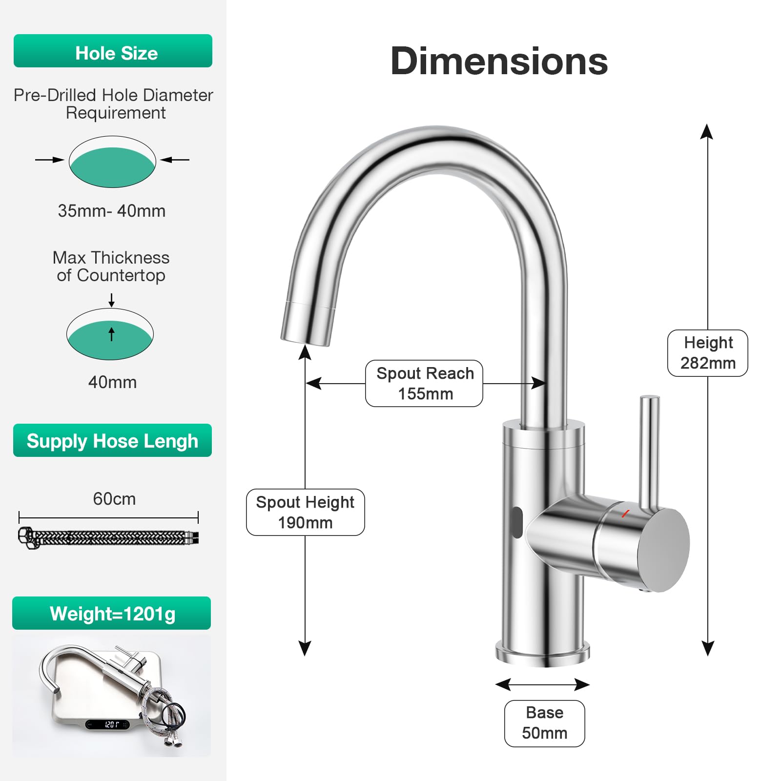 CREA Robinet de lavabo à capteur infrarouge pour salle de bain - Mitigeur monocommande haute pression pour lavabo de salle de bain - Chromé poli