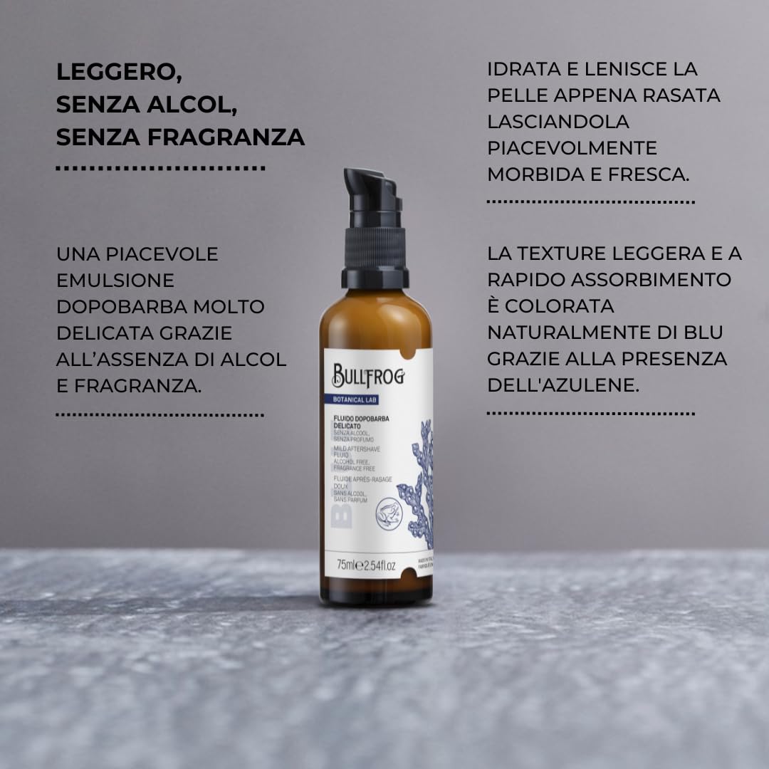 Bullfrog - Fluido Dopobarba Delicato – Dopobarba Lenitivo e Idratante per Pelli Sensibili, 96,3% Ingredienti Naturali, Senza Alcol e Senza Profumo, Assorbimento Rapido, 75 ml